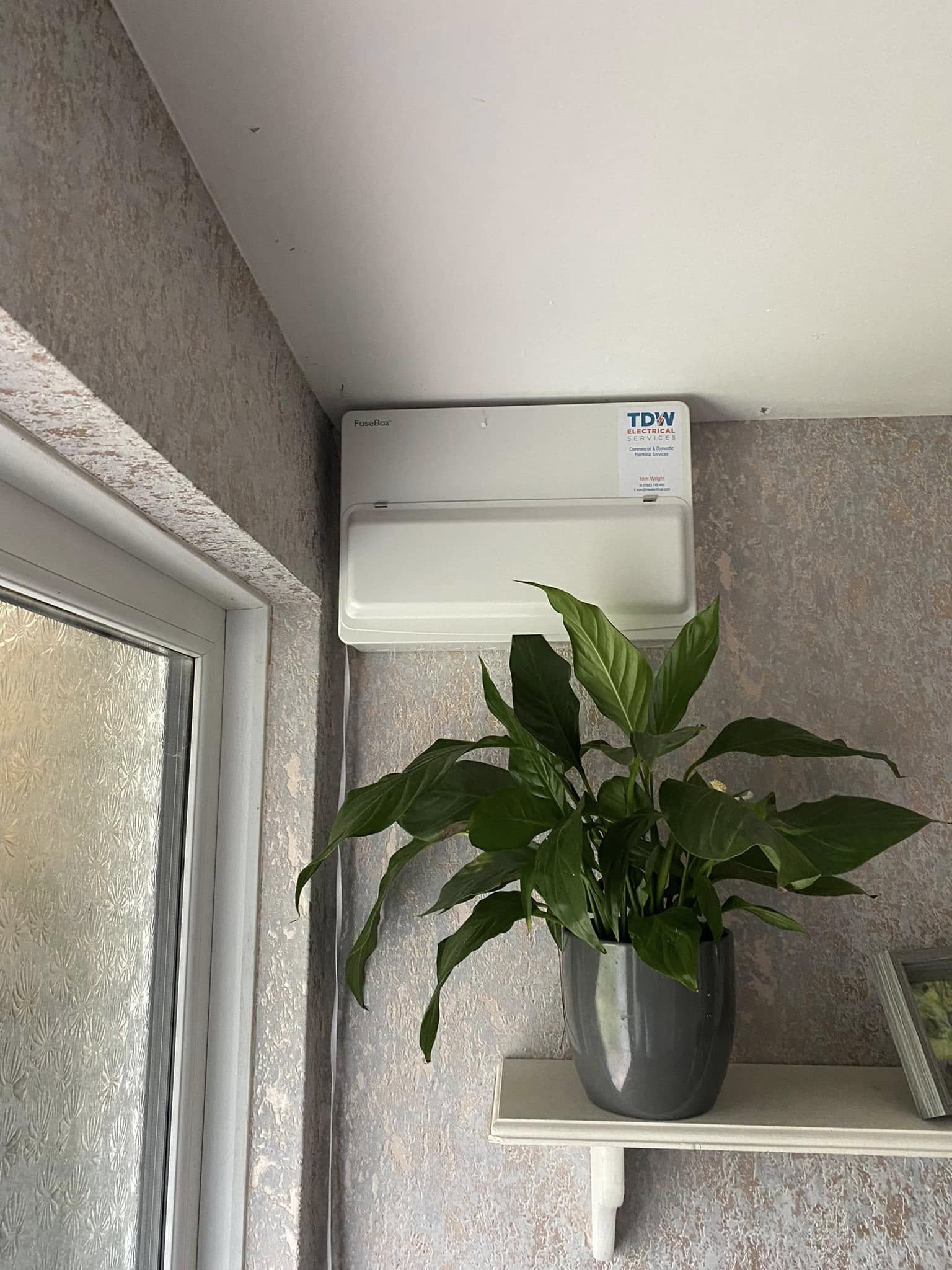 Wall-mounted consumer unit with the TDW sticker, above a shelf with a plant
